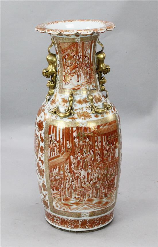 A large Chinese Canton-decorated coral red and gilt decorated vase, 19th century, 89cm, damaged